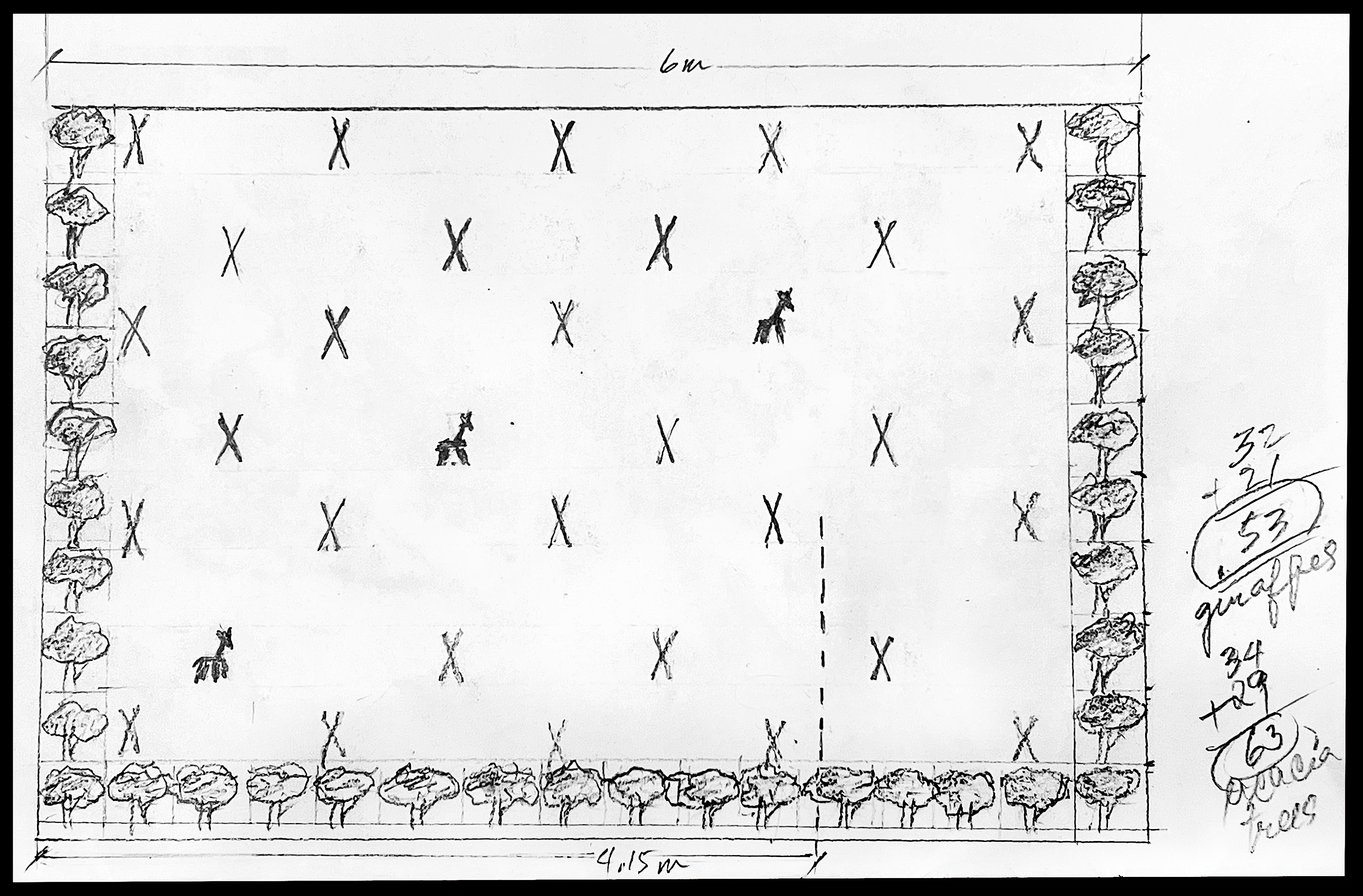 Jean Marie Syjuco’s sketch of giraffe and acacia tree graphics for the wall of <i>See Me, See You (Revenge of the Giraffe)</i>.