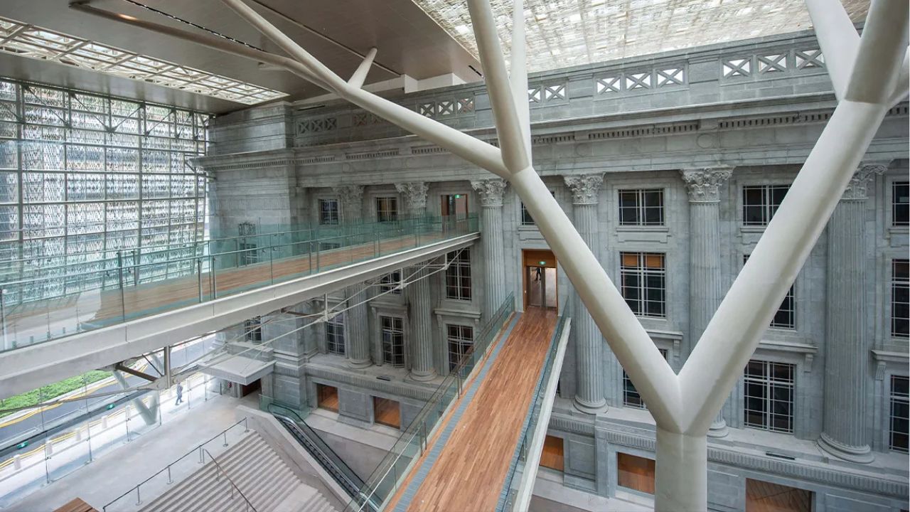 Padang atrium featuring natural light and six-storey high tree-like columns.