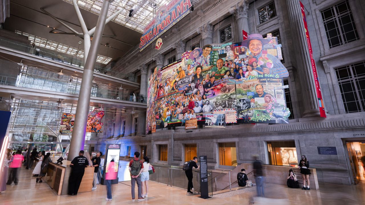 Image of interior facade of National Gallery Singapore's Padang Atrium with Singaporama on display