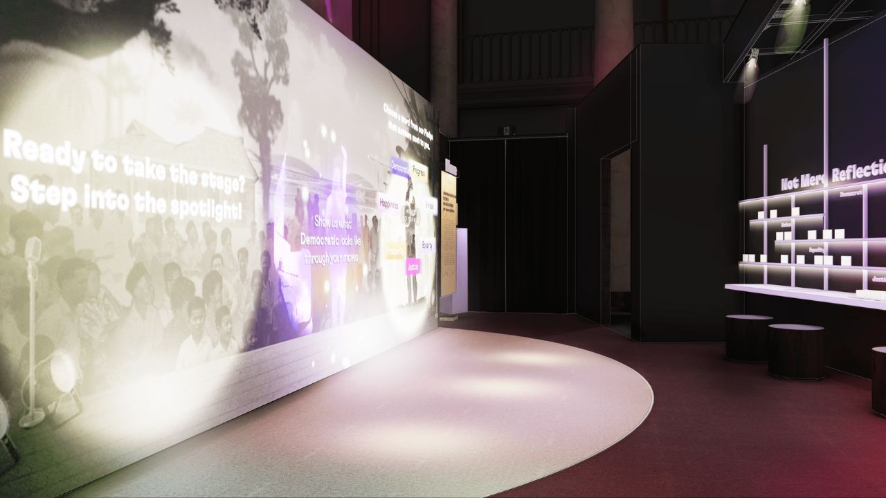 Projection screen showing short film at Not Mere Spectators exhibition.