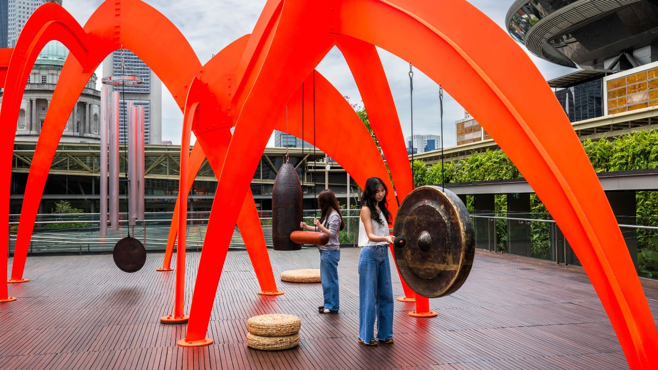 Visitors interacting with elements at the Temple installation