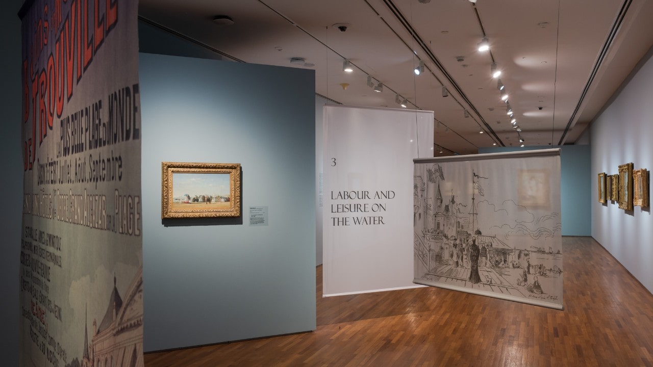 Into the Modern Impressionist art exhibition, featuring hanging tapestries and artworks by iconic French Impressionist painters