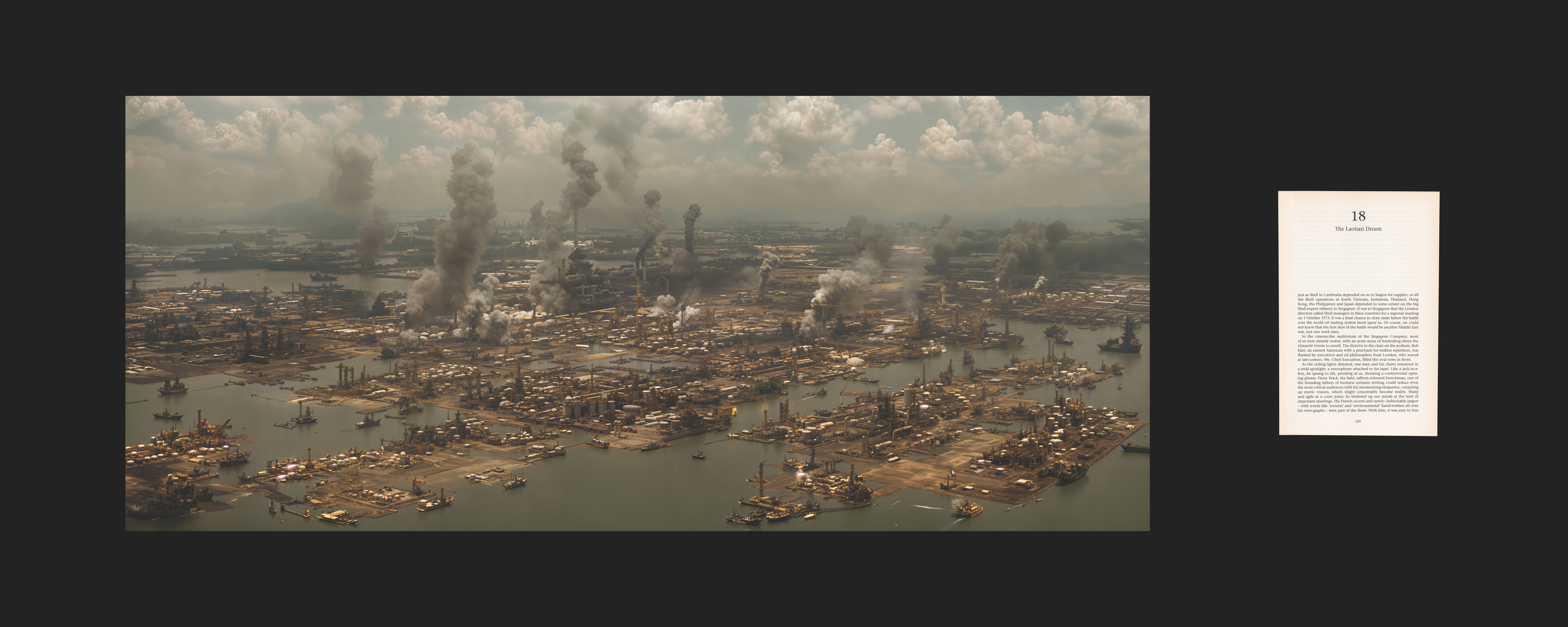 An expansive industrial site with dark smoke billowing into the sky, next to a page of a book.