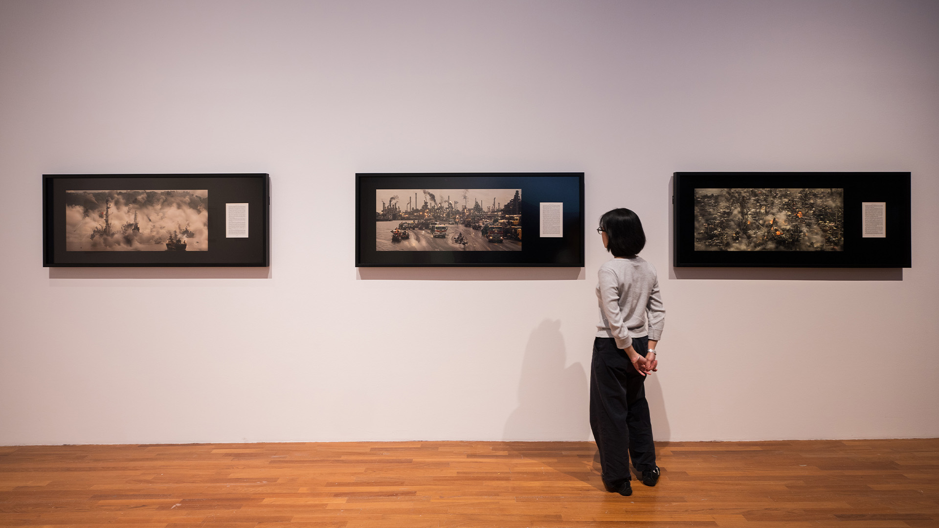 A museum visitor stands before three horizontal artworks admiring them. The artworks featuring photographed scenes, with a description mounted on white card next to each respective work.