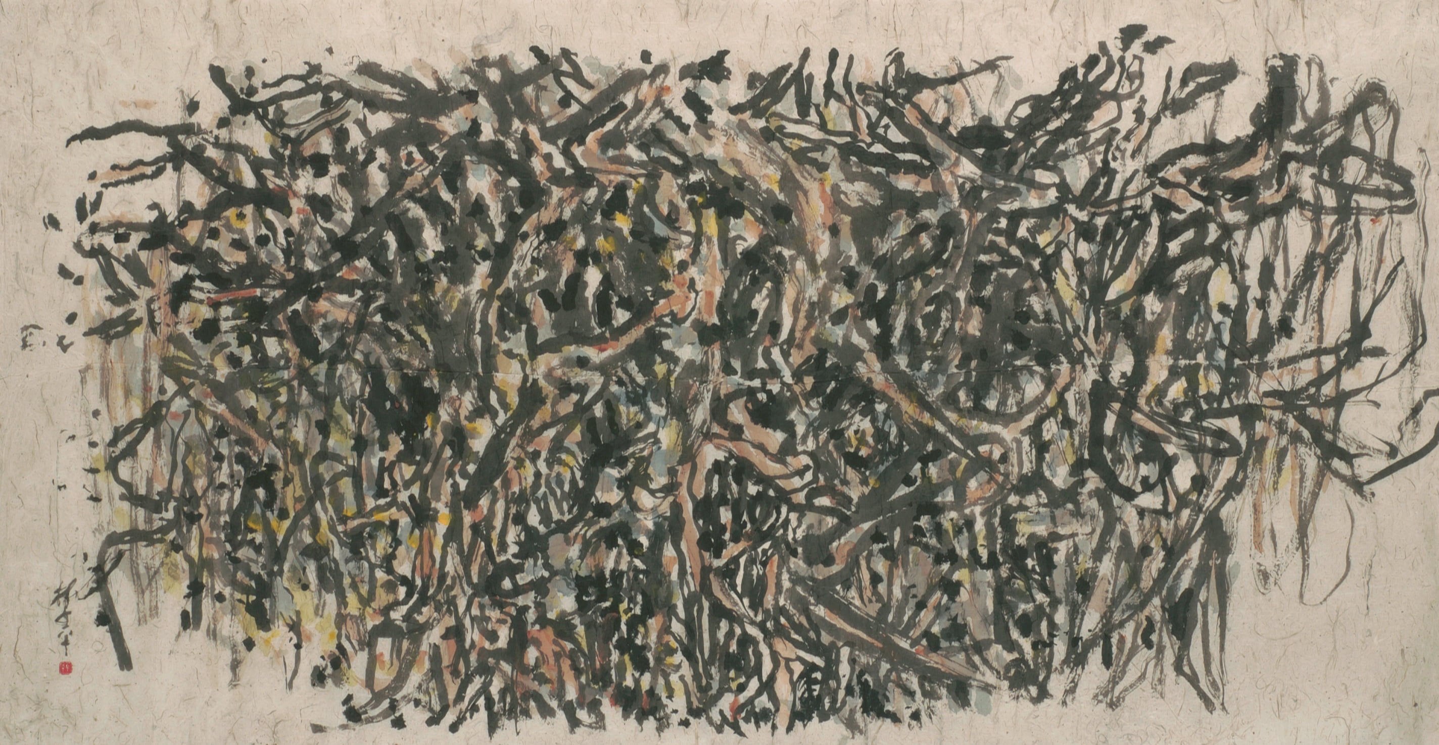 Ink and colour painting of a dense tangle of black brushstrokes suggesting trunks, branches, and roots, with pale washes of rust, yellow, and blue showing through.