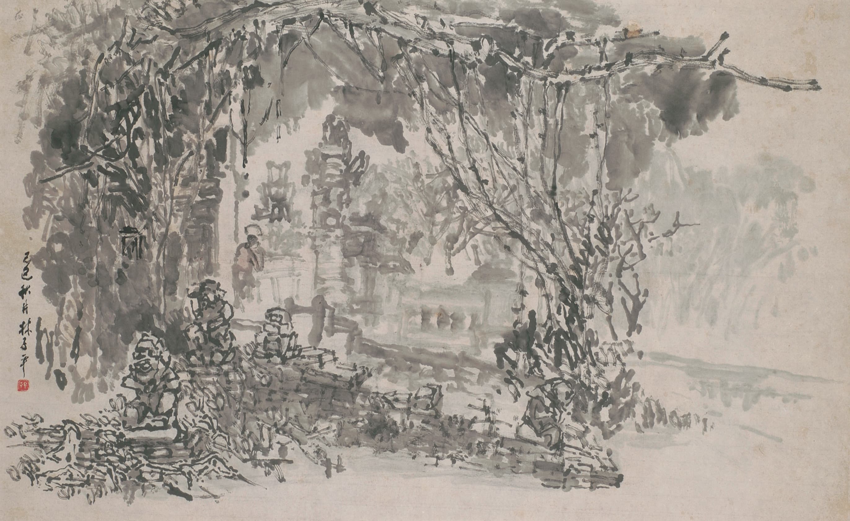 Ink painting of a misty temple courtyard in Bali, with carved stone figures and tiered shrines beneath large trees with hanging roots.