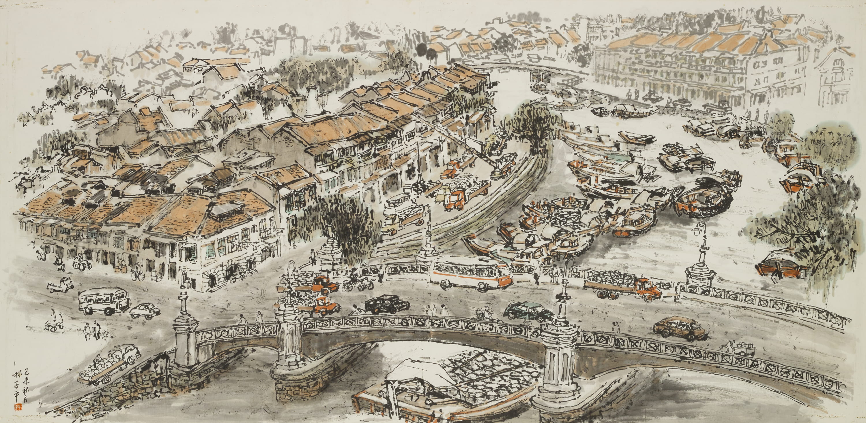 Ink painting of a busy bridge over the Singapore River, with traffic in the foreground, bumboats on the water, and rows of orange-roofed shophouses along the bank.