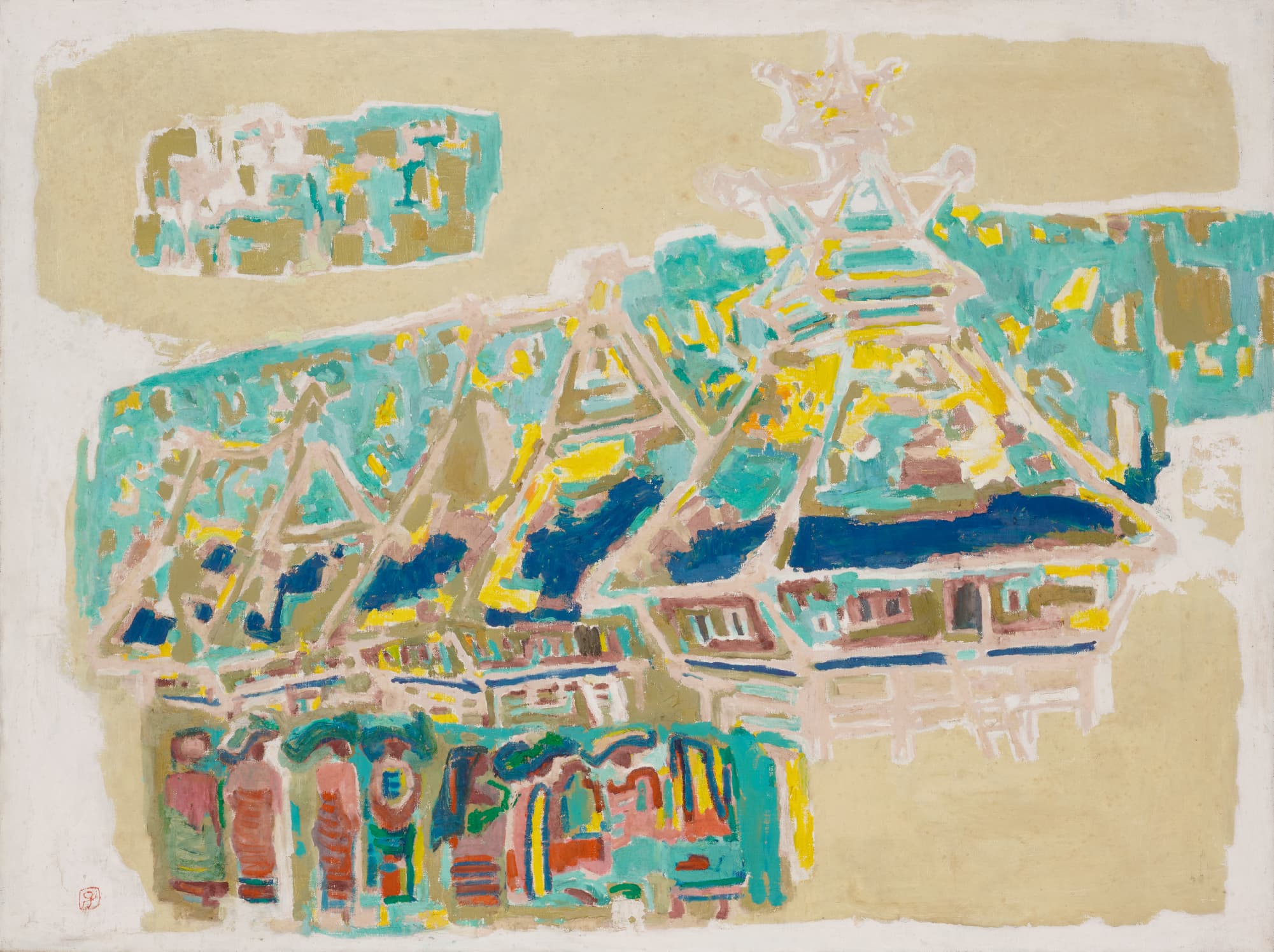 Oil painting of traditional houses with tall, peaked roofs in turquoise, yellow, and deep blue, with a row of figures in colourful patterned clothing below.