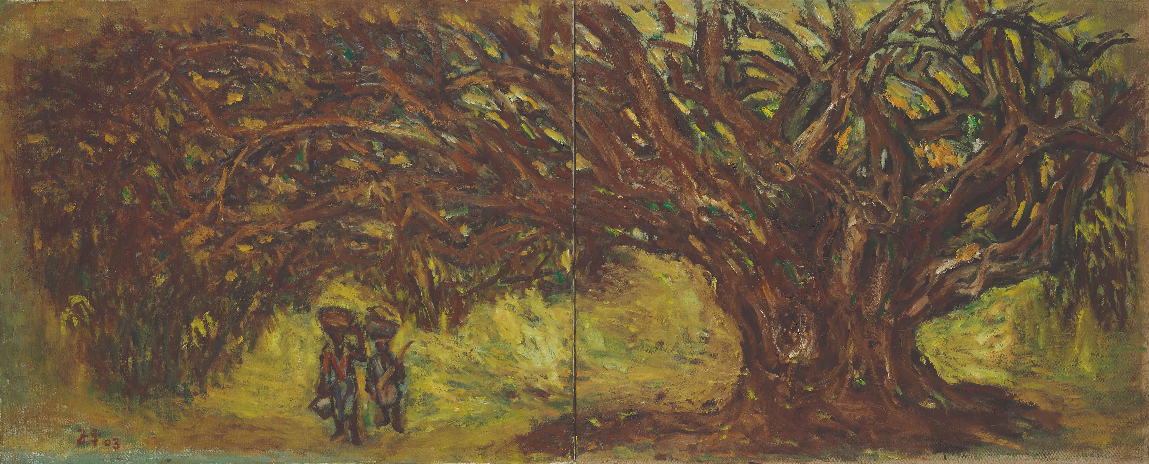 Oil painting of a huge, gnarled tree whose branches sweep across two panels, with two small figures walking beneath, carrying loads on their heads.