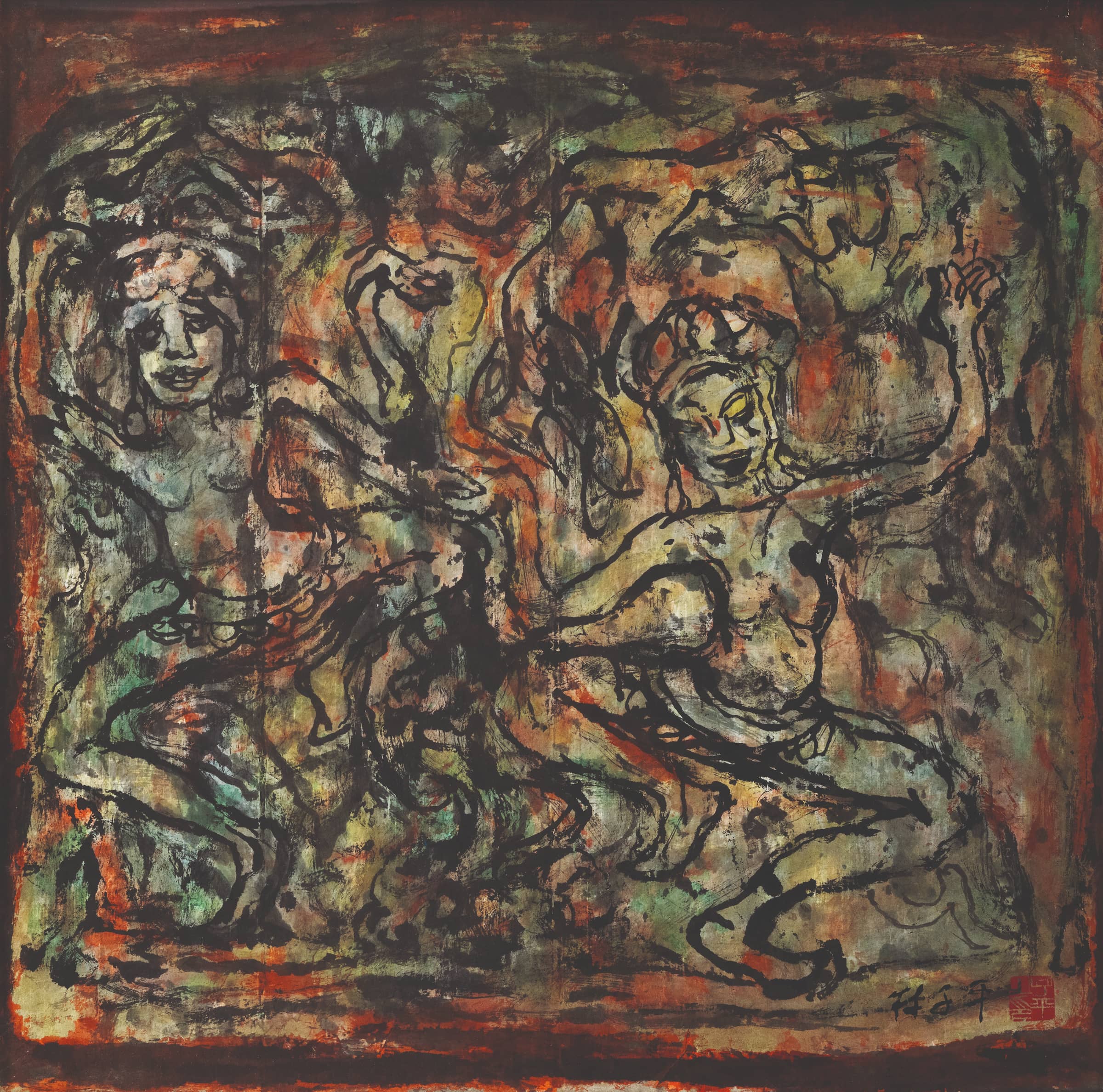 Ink and colour painting of two dancing female figures with raised arms, surrounded by swirling black brushstrokes and mottled washes of green, ochre, and red.