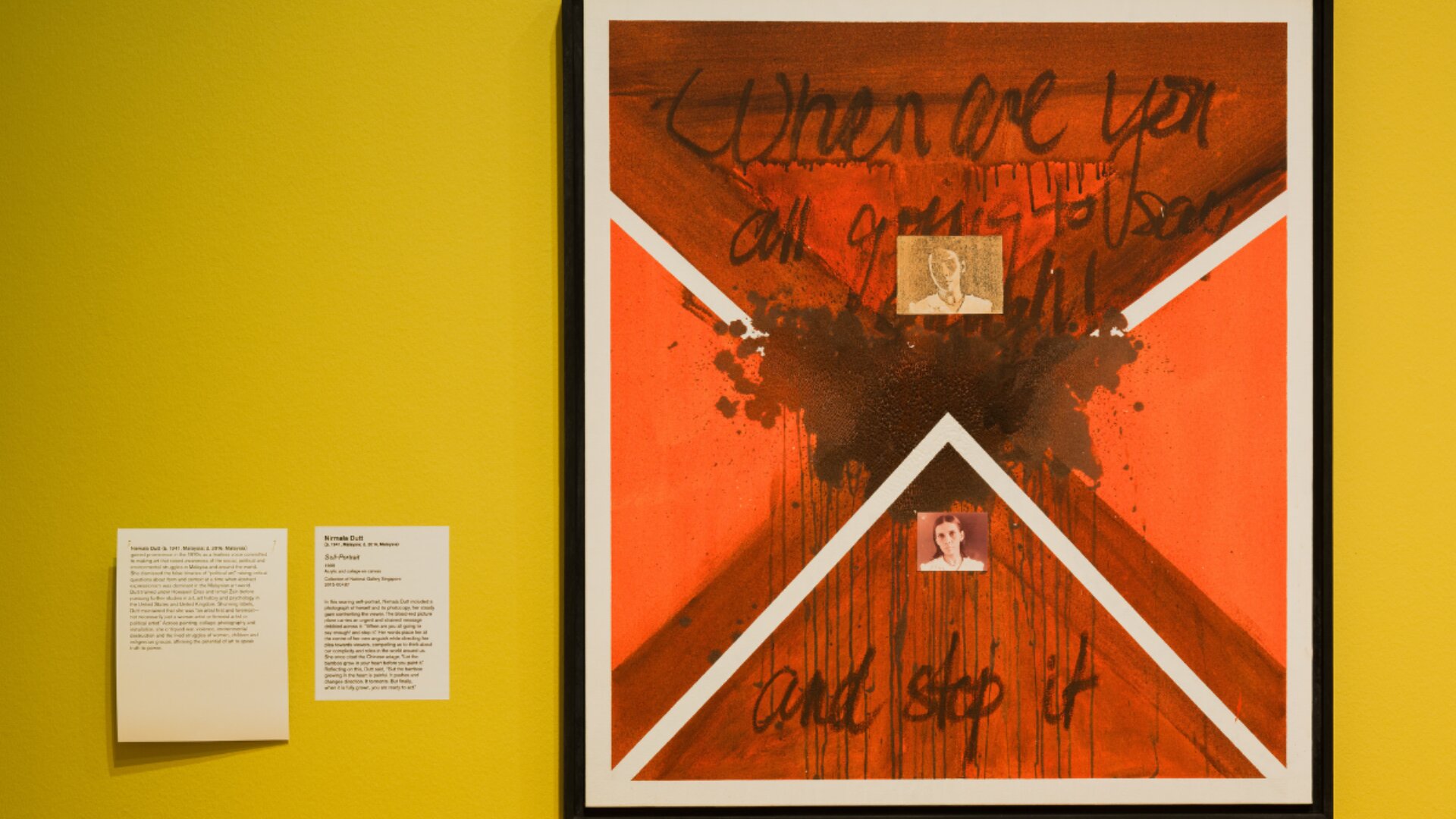 Nirmala Dutt's self-portrait, a collage and acrylic artwork on board, showcased prominently on a wall.