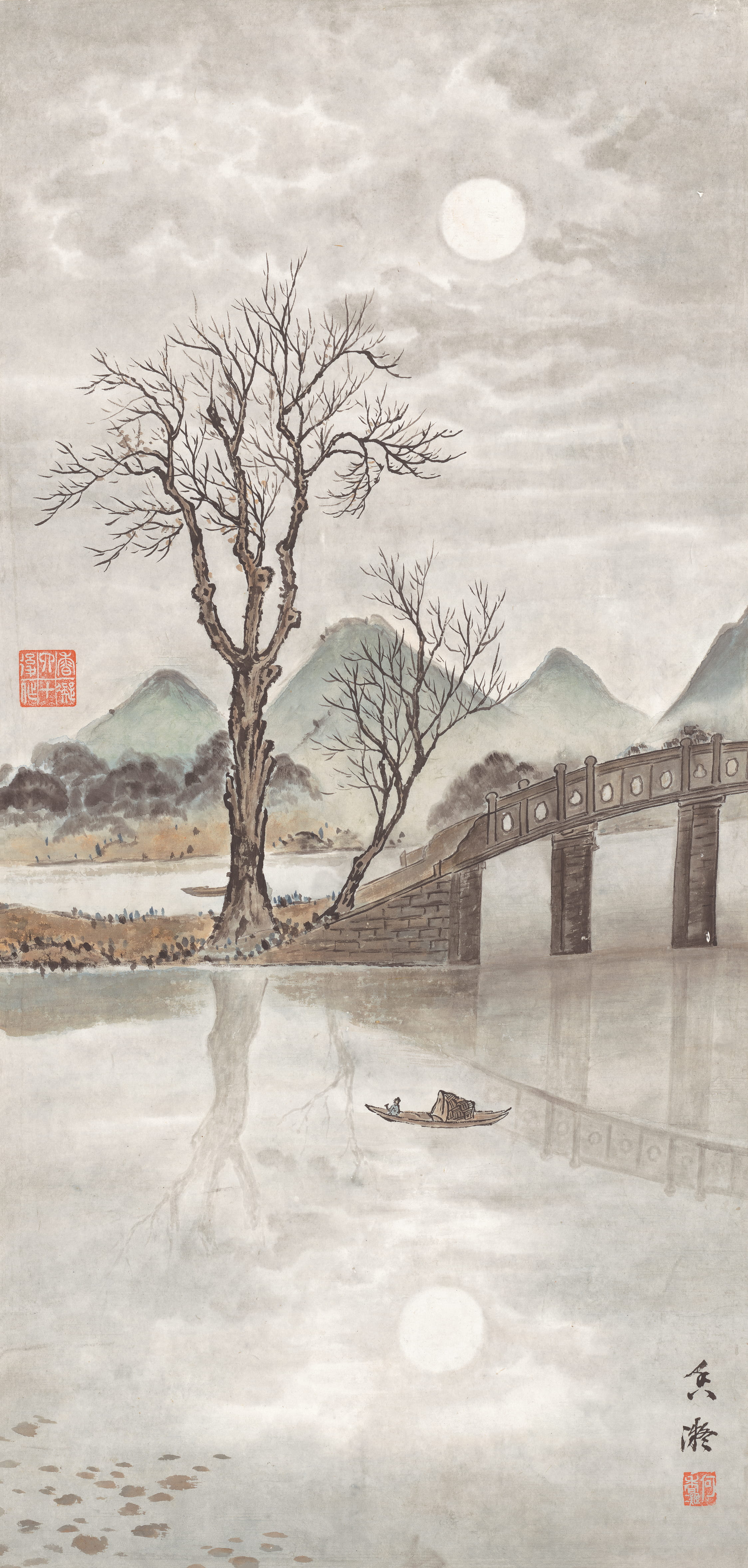 He Xiangning. A Moonlit Scene. c. 1920s. Ink and colour on paper, 80 × 38 cm. Collection of He Xiangning Art Museum.