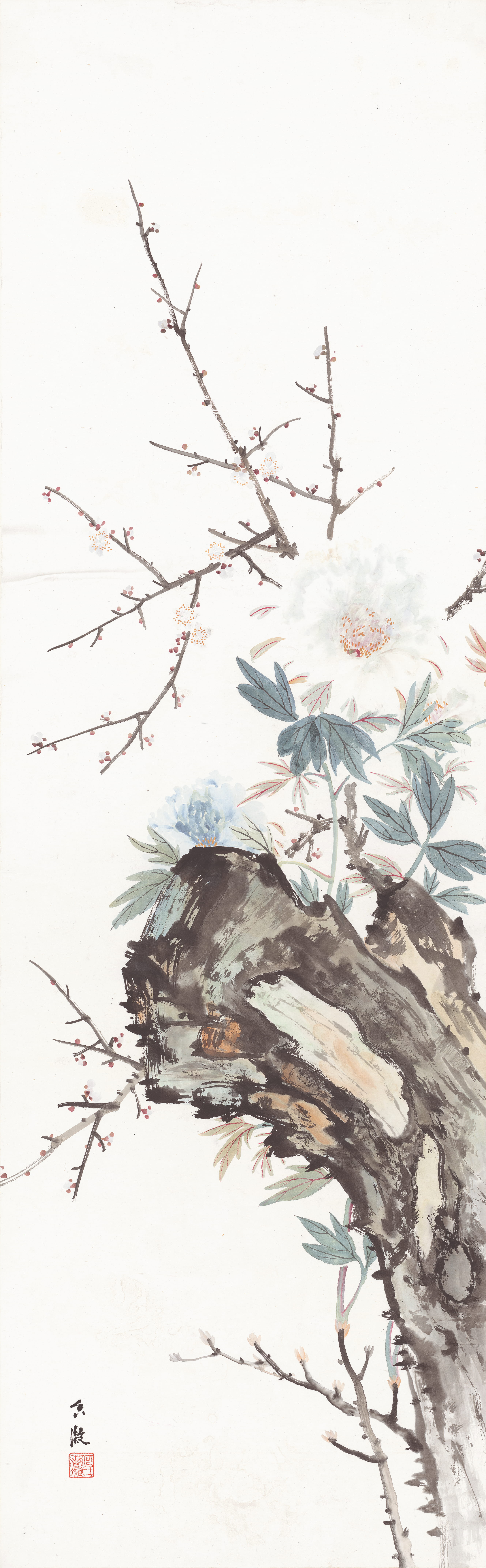 He Xiangning. Plum Blossoms, Rock and Peonies. c. 1920s. Ink and colour on paper, 146 × 45 cm. Collection of He Xiangning Art Museum. 