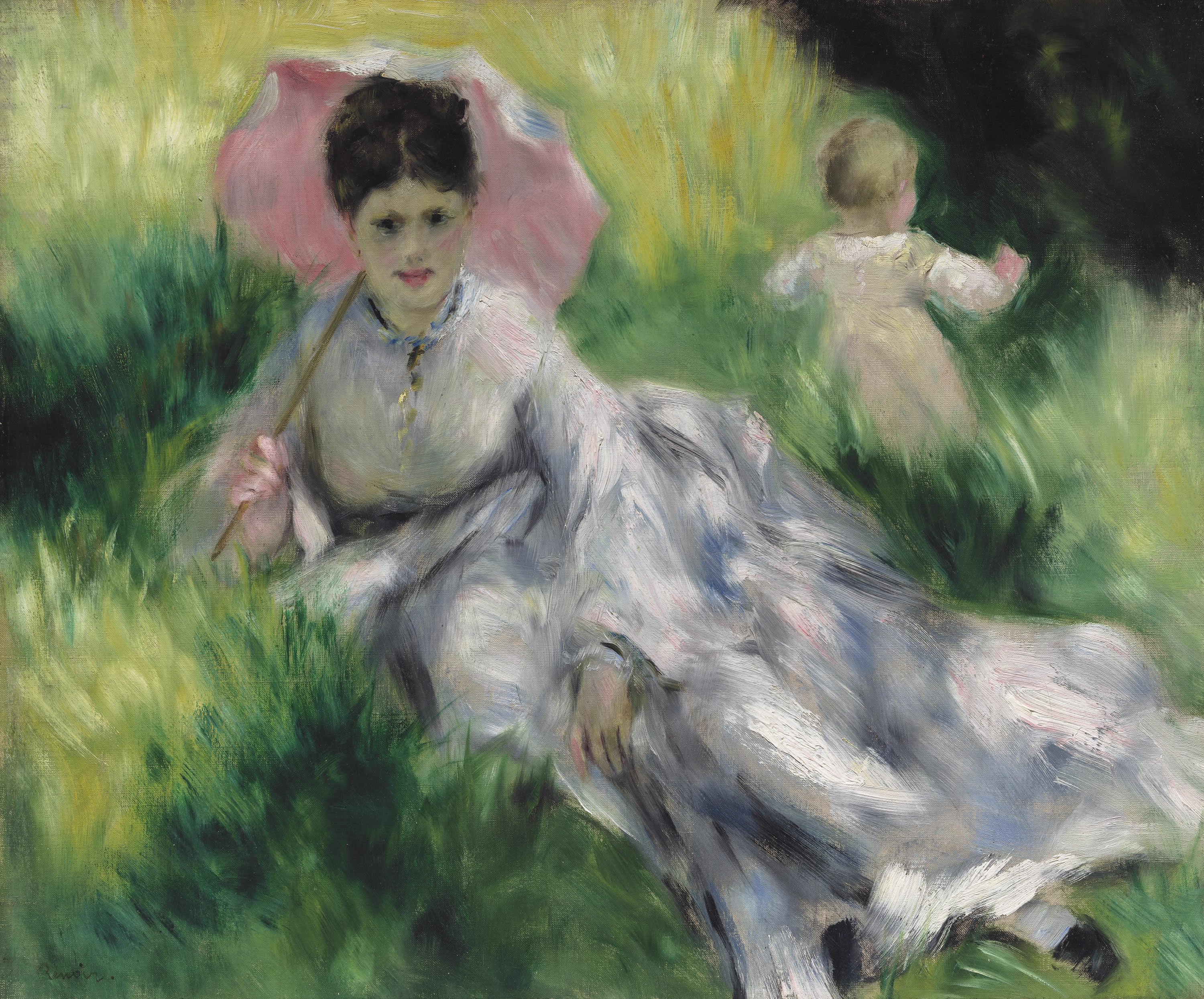 Woman with a Parasol and Small Child on a Sunlit Hillside