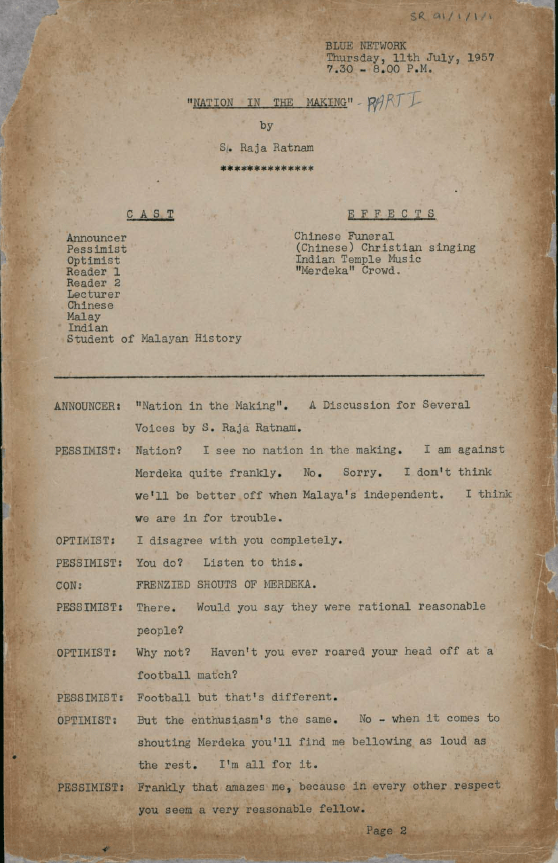Original typescripts of S. Rajaratnam’s radio play, A Nation in the Making 