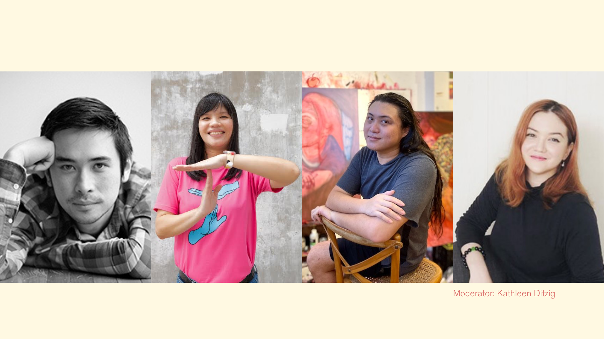 Banner for a panel discussion on a beige background, showing portraits of panellists Andrew Ng, June Chua, and Marla Bendini, moderated by Kathleen Ditzig.