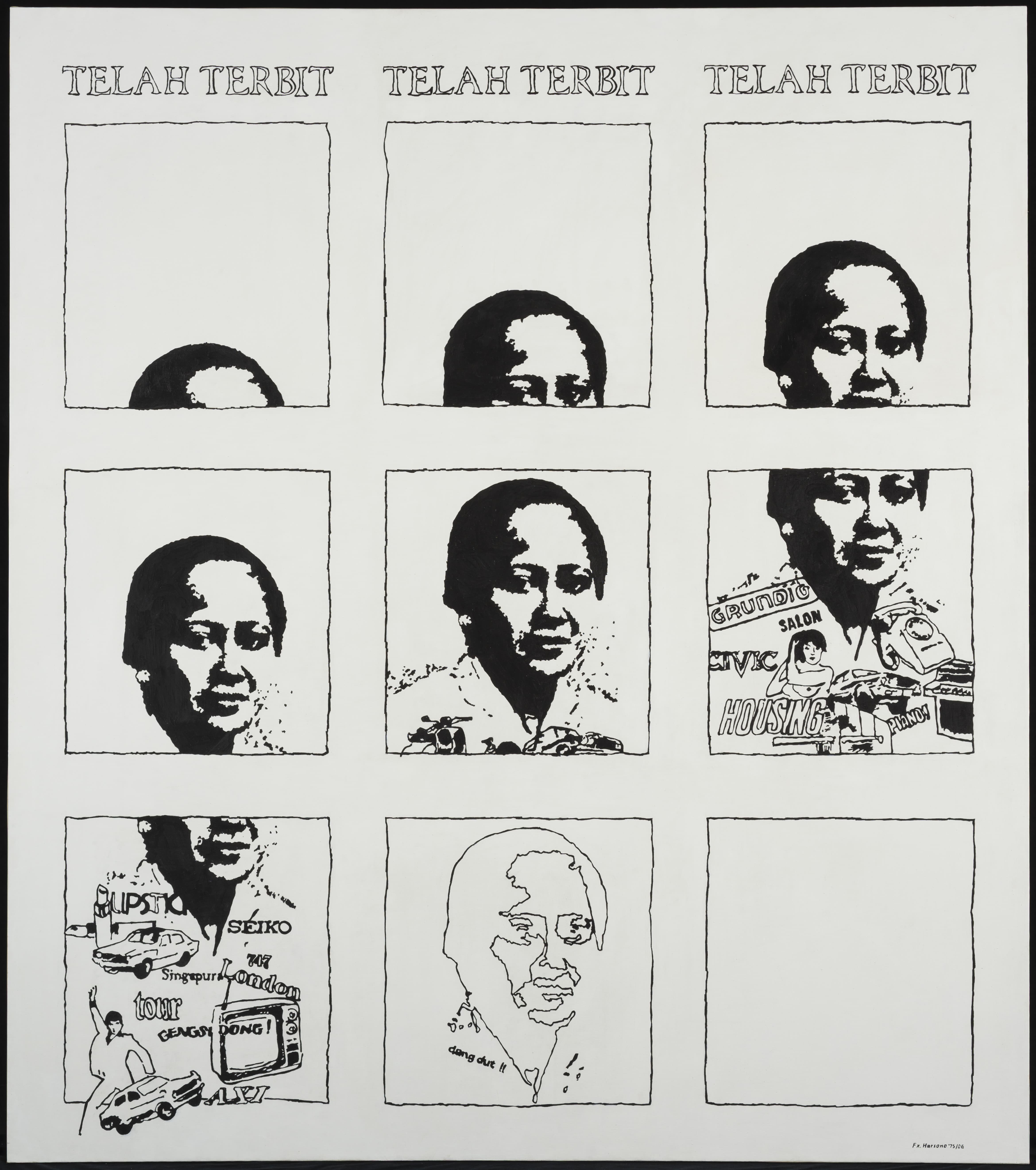 FX Harsono. Telah Terbit (Out Now). 1975, reconstructed 2006. Acrylic on canvas, 170 × 150 × 5 cm. Collection of National Gallery Singapore. 