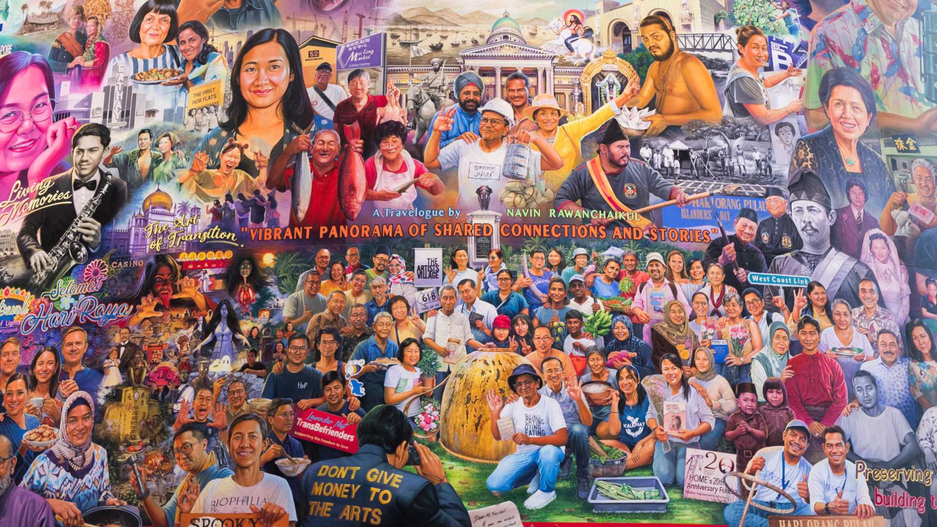 A large panorama depicting aspects of Singaporean life and culture, composed of monumental panels painted in the style of old cinema billboards