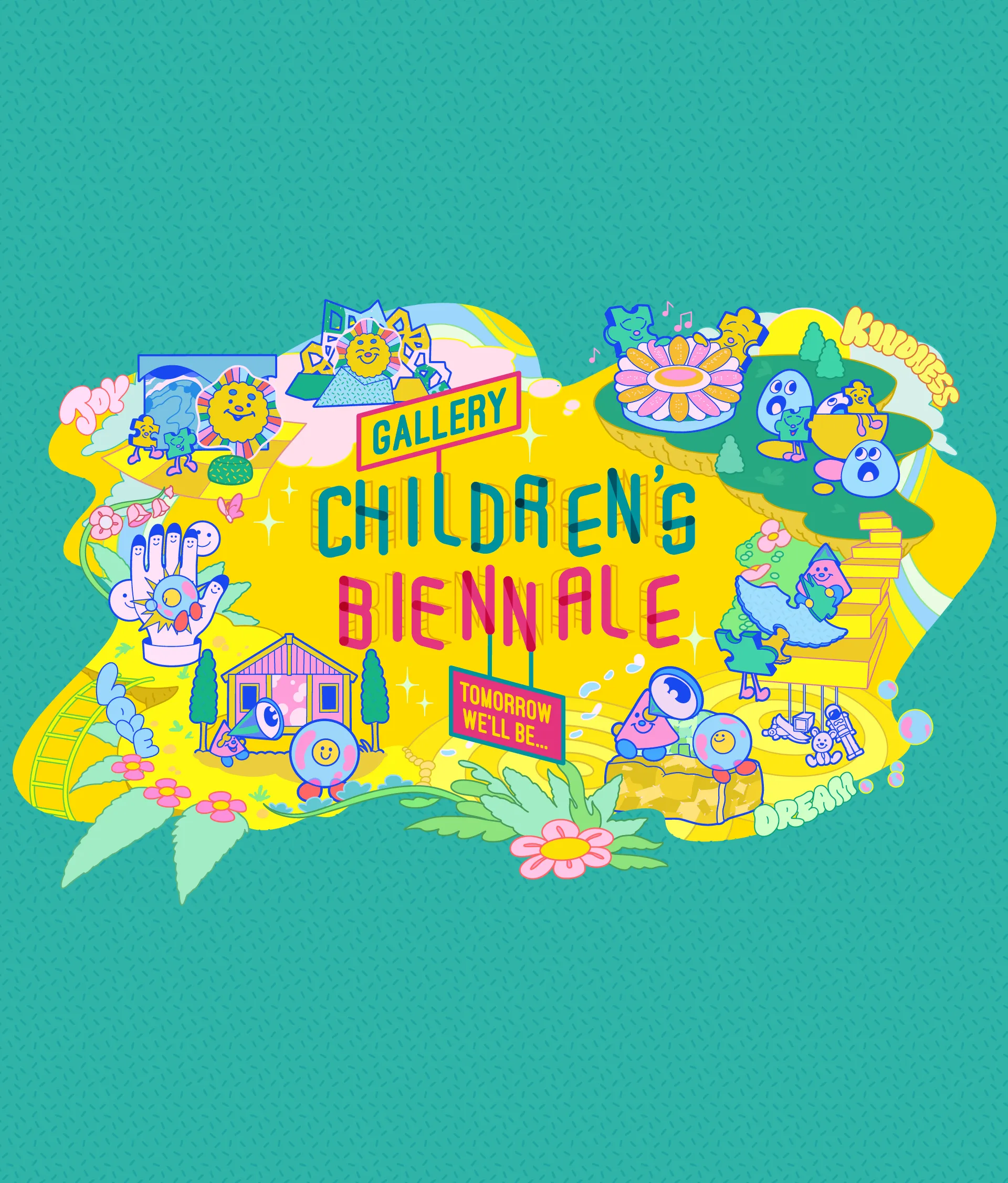 Children playing in a pastel-colored exhibit with plush toys and alphabet-themed flower decorations