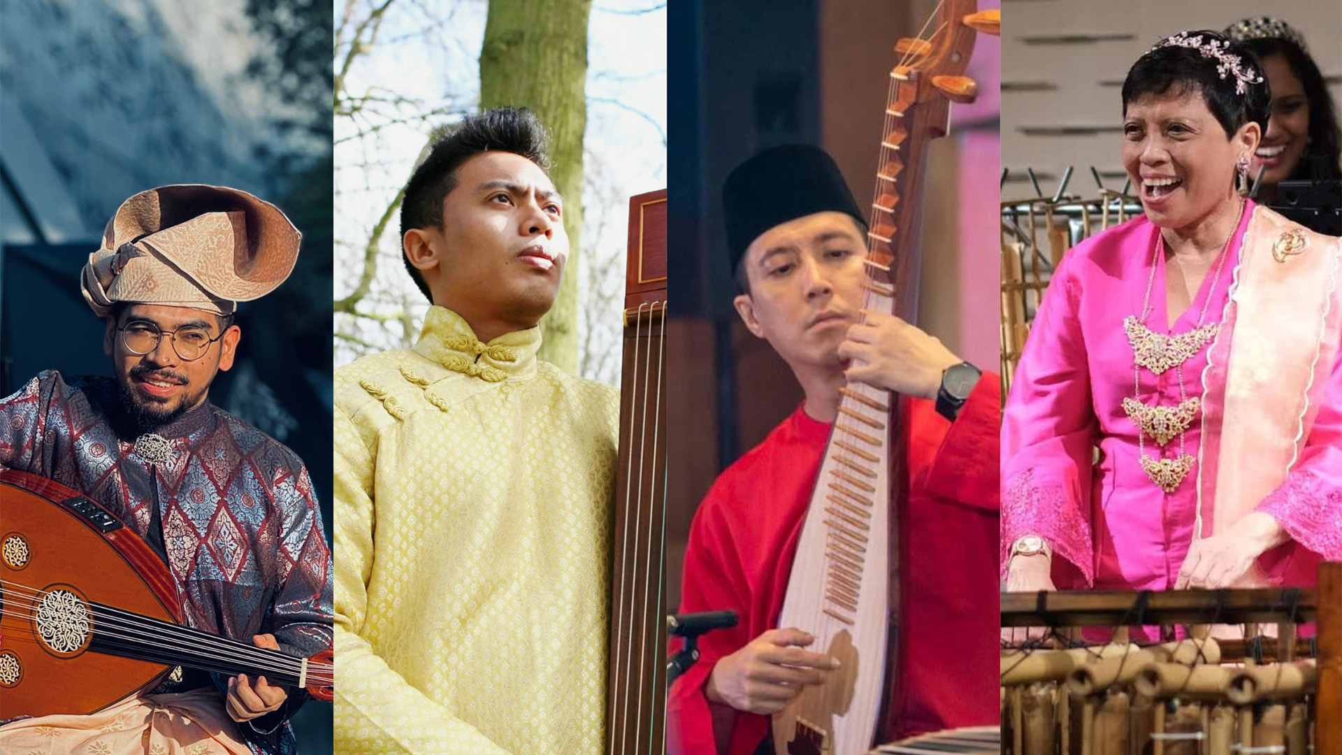 Musicians and performers dressed in ethnic costume, playing different instruments like the pipa and the anklung