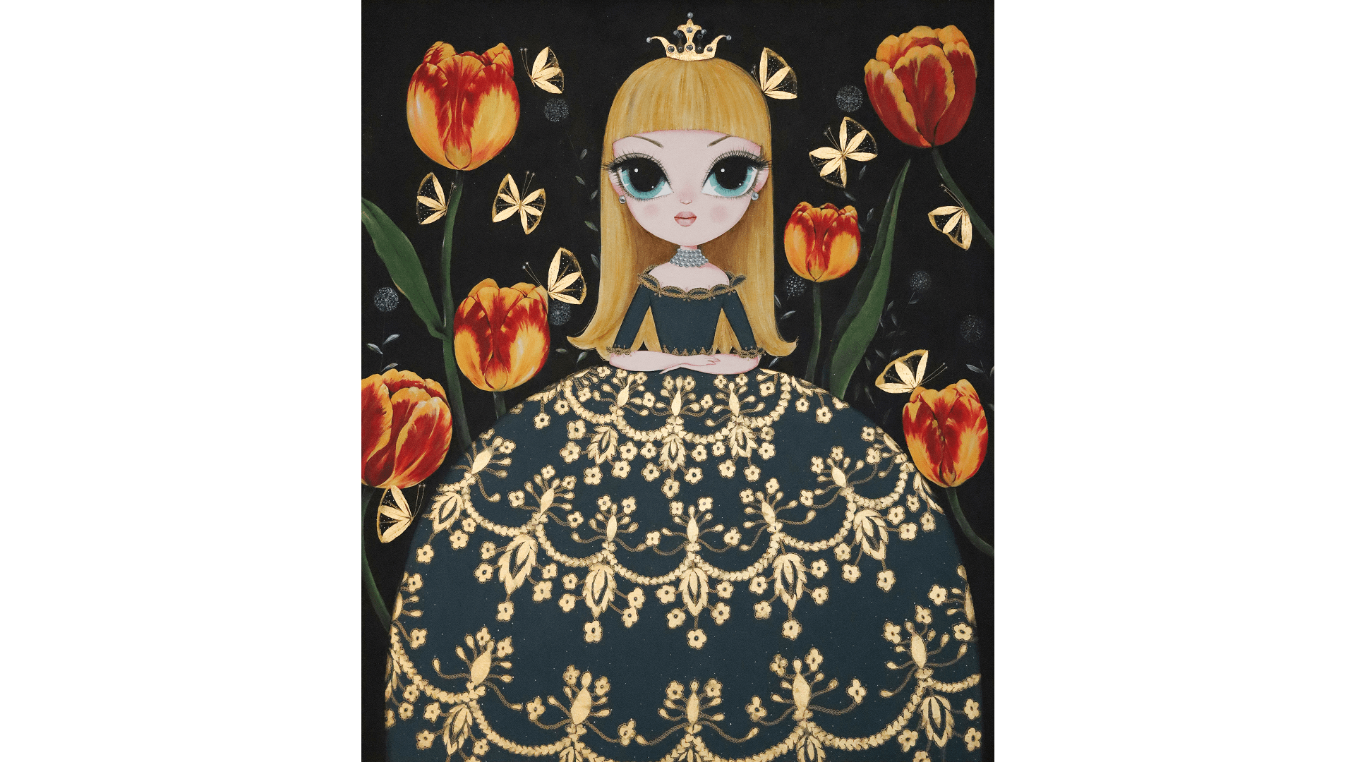 Parn Somnuek Klangnok   Princess Dream Meninas   2024   Acrylic and gold leaves on canvas, 100 x 120 cm (unframed), 120 x 140 cm (framed)   Courtesy of the artist 