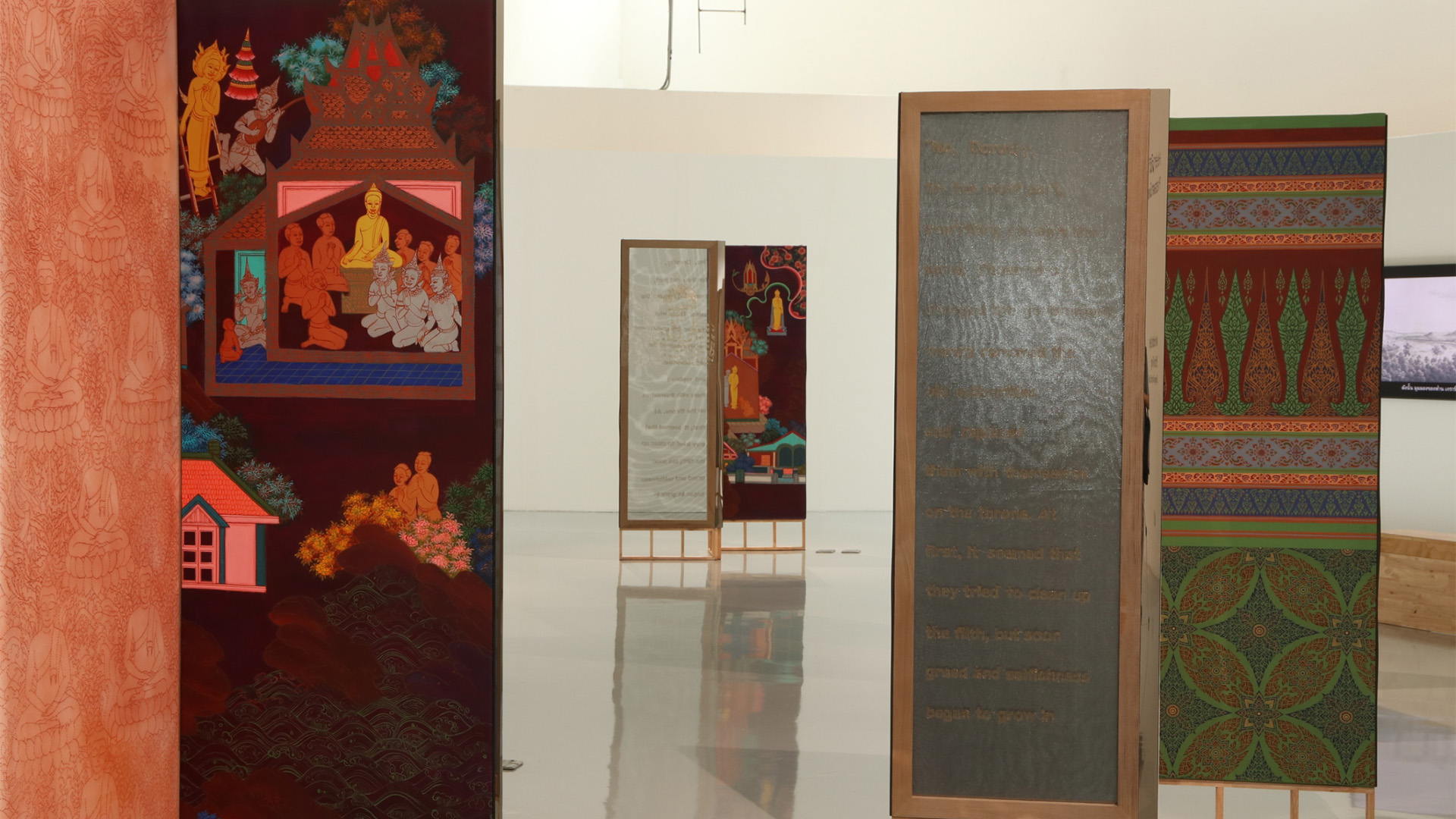 Gallery installation featuring Phaptawan Suwannakudt's collection of artwork