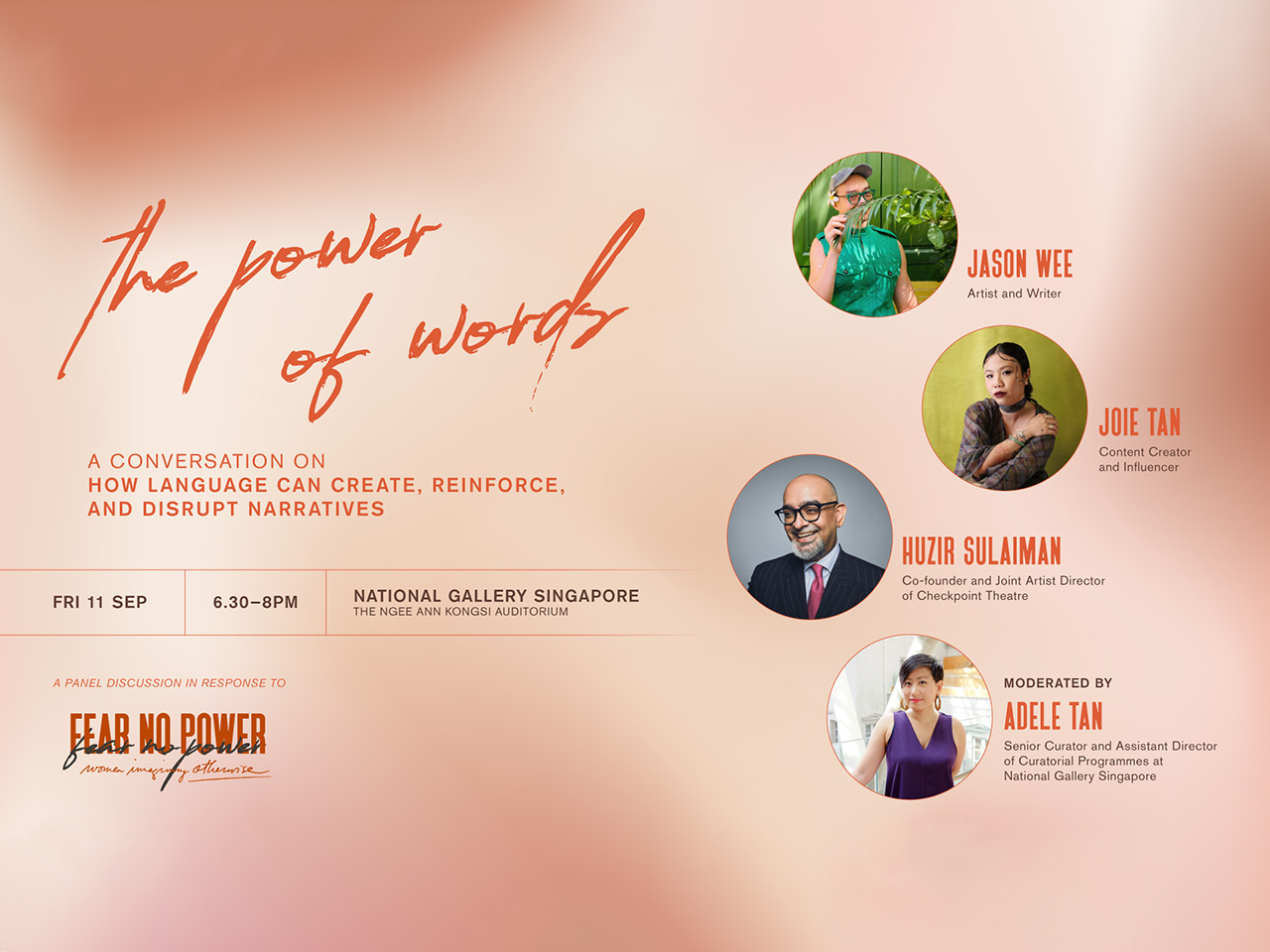 A discussion panel titled "The Power of Words," featuring speakers engaged in conversation about language's impact.