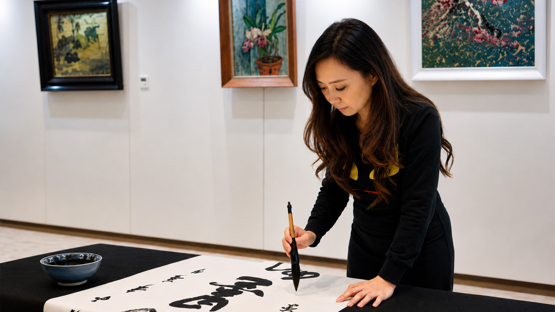 A woman is focused, and paints Chinese characters on a white sheet of paper. She is standing in front of a wall with paintings hung on it.