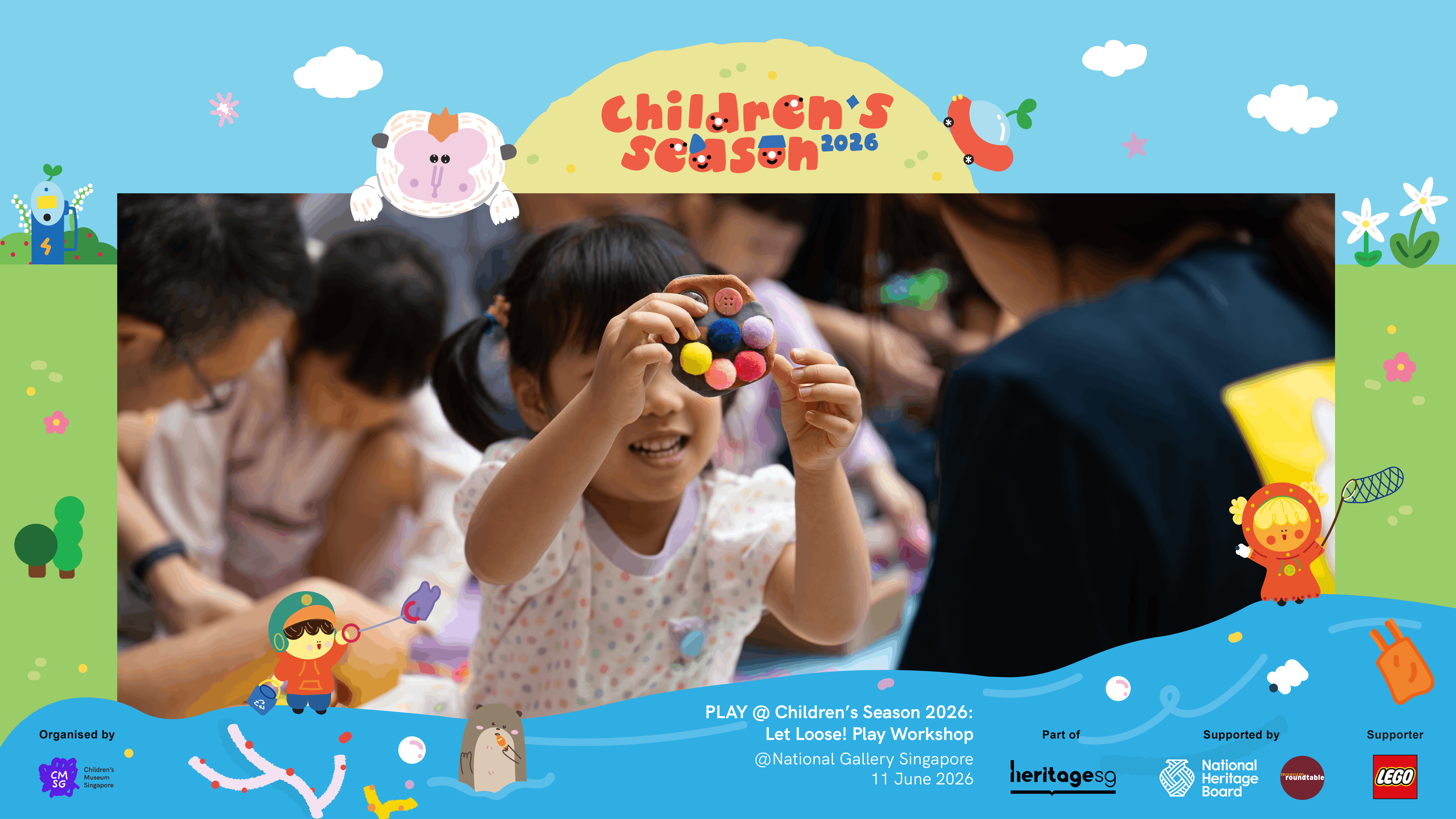 Children take part in a creative workshop at National Gallery Singapore during Children's Season 2026. Participants are engaged in hands-on making activities using everyday and recycled materials, encouraging experimentation, play, and creative expression. The workshop setting highlights collaborative learning and imaginative exploration in a family-friendly environment.